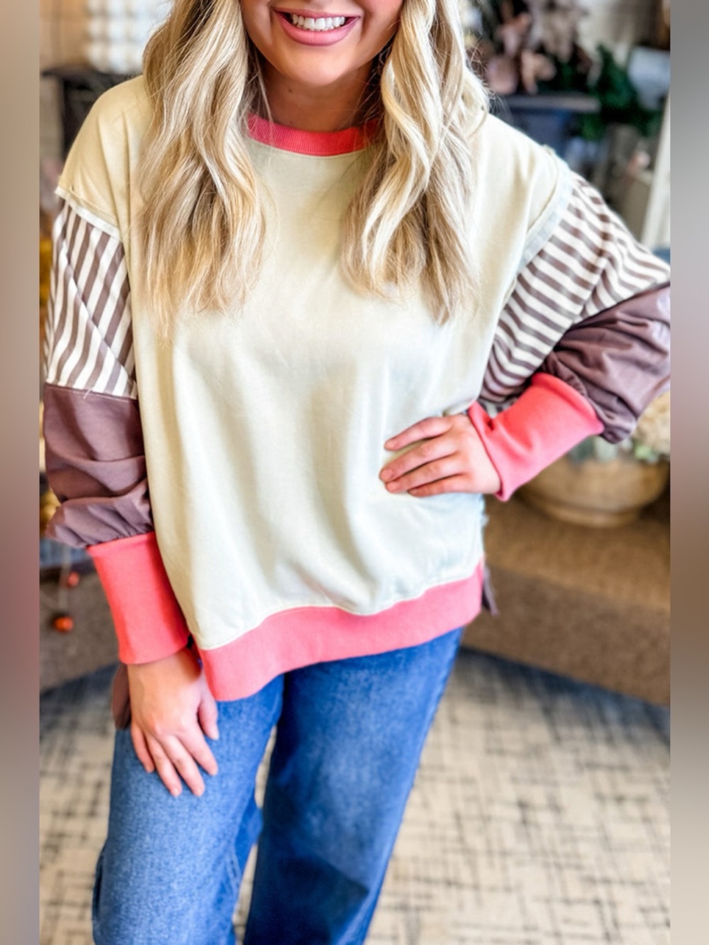Color-Block Striped Crew Neck Sweatshirt